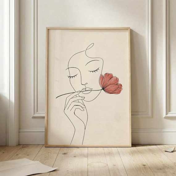 Minimalist Woman Flower Line Art Poster Print