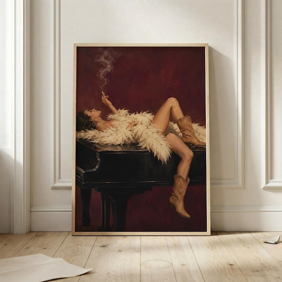 Vintage Glamour Wall Art Moody Piano Poster Elegant Woman Painting Old Hollywood Decor Maximalist Bedroom Sophisticated Gallery