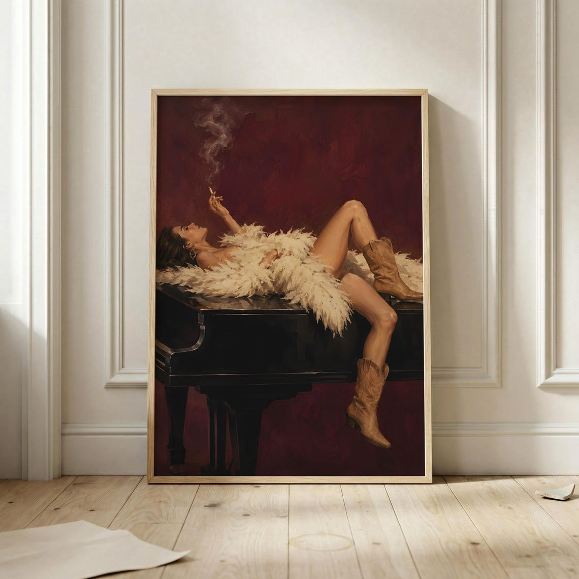 Vintage Glamour Woman on Piano Feather Boa Moody Red Art Poster