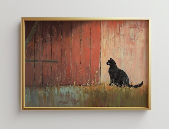 Black Cat By Red Barn Farmhouse Oil Painting Country Art Poster