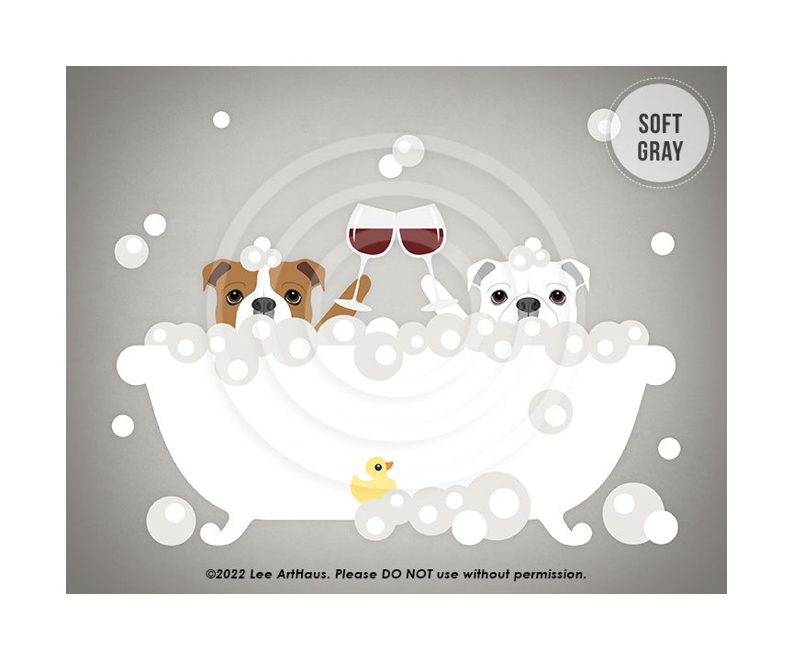Two English Bulldogs Toasting Wine Bubble Bath Funny Dog Poster