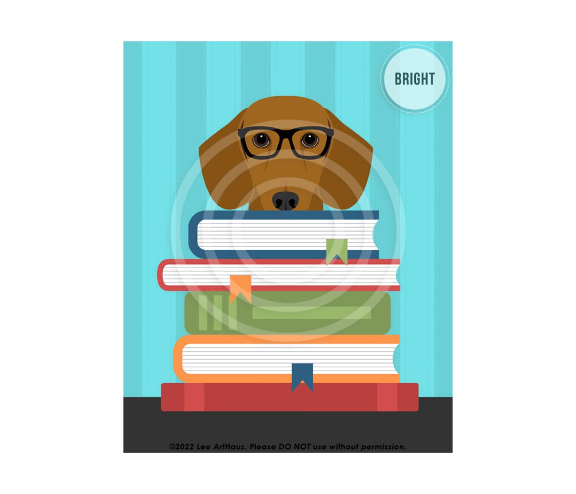 Red Dachshund Wearing Glasses With Stack of Books Funny Dog Poster