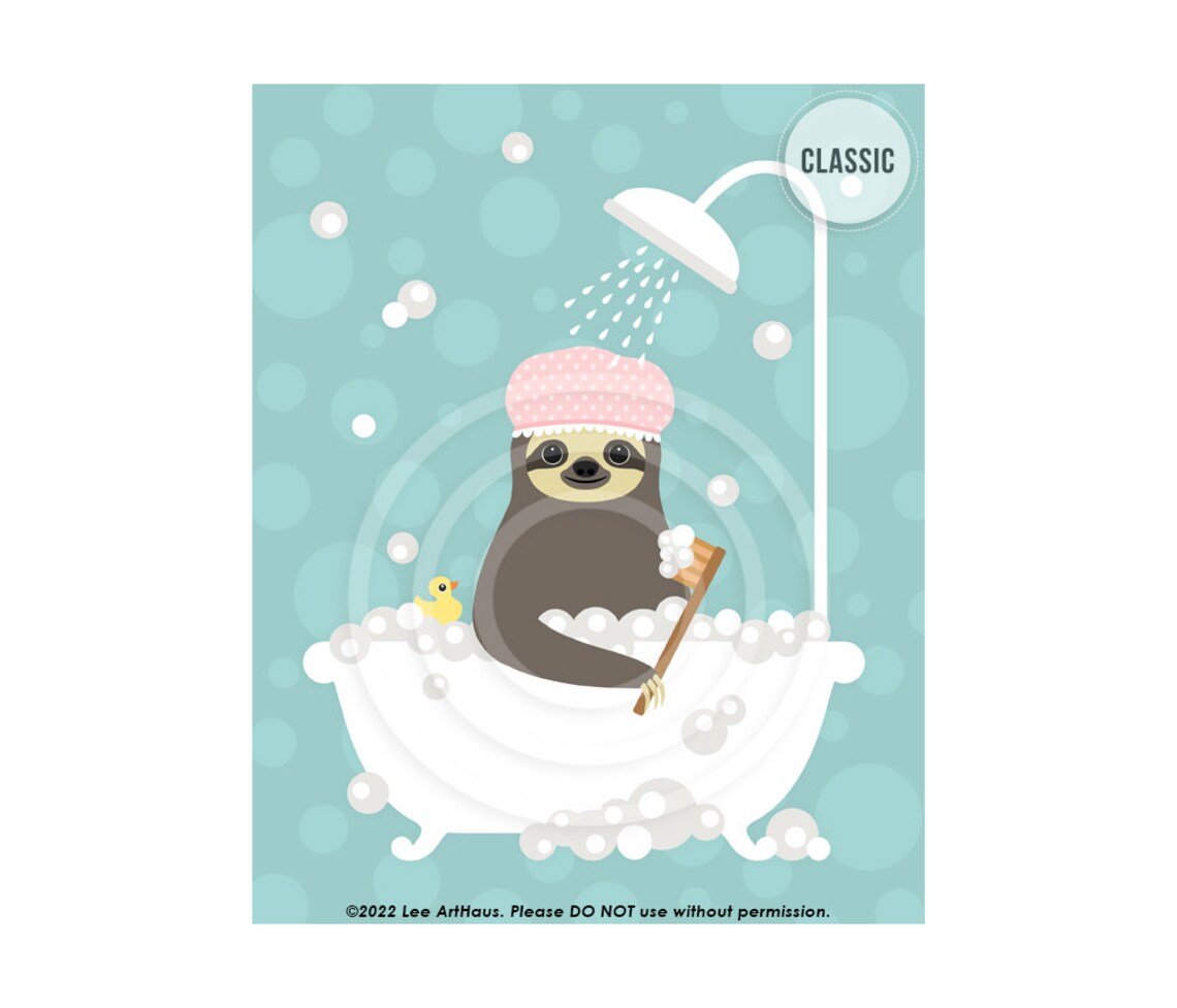 Sloth Wearing Pink Shower Cap Bubble Bath Tub Cute Bathroom Decor Poster - Image 3