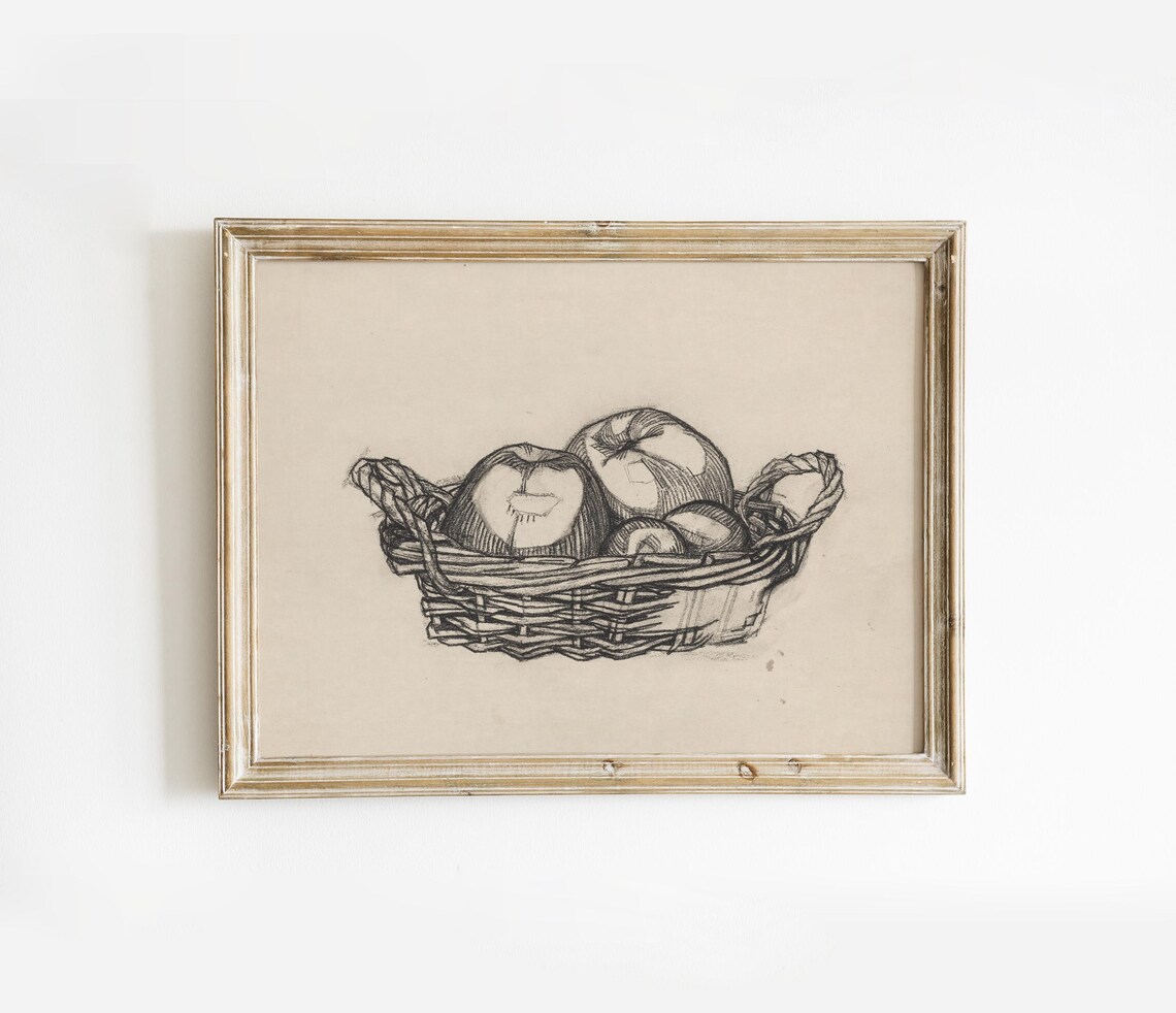 Apples in Wicker Basket Vintage Pencil Sketch Still Life Poster - Image 3