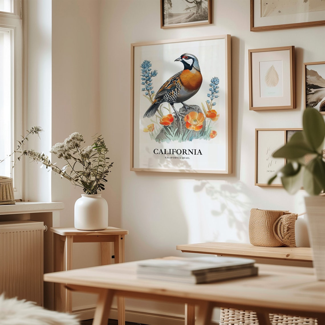 California Quail Poppy Field State Bird Watercolor Bird Art Poster - Image 2