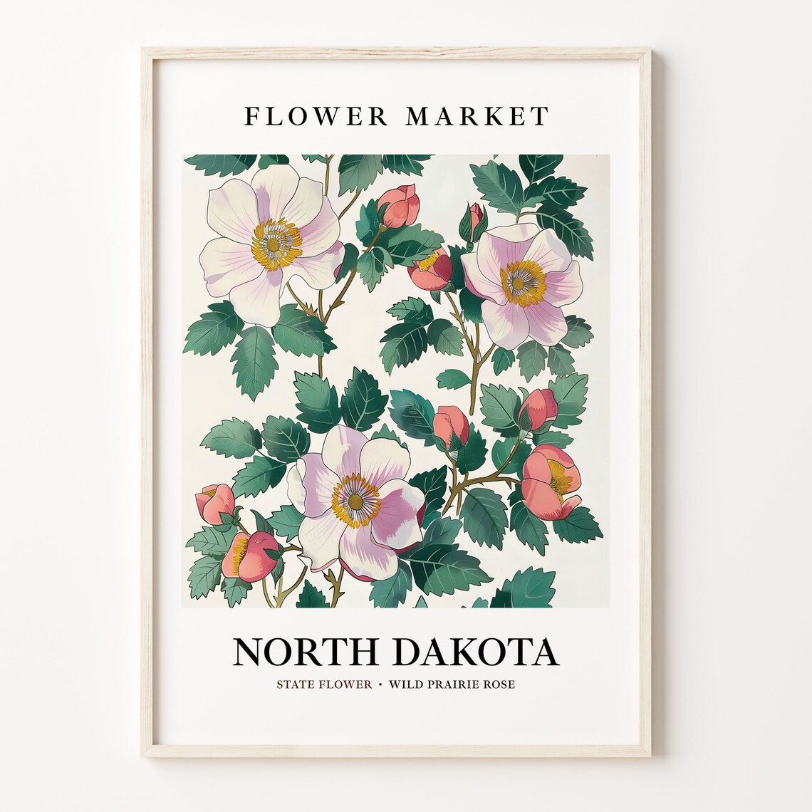 Flower Market North Dakota Wild Prairie Rose Botanical Poster