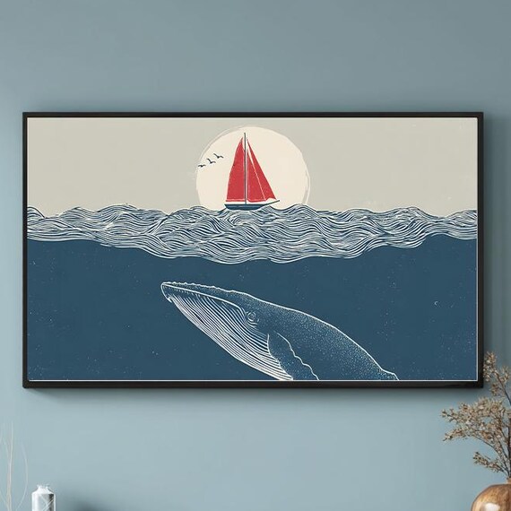 Moonlit Giant Whale and Red Sailboat Ocean Wave Line Art Print