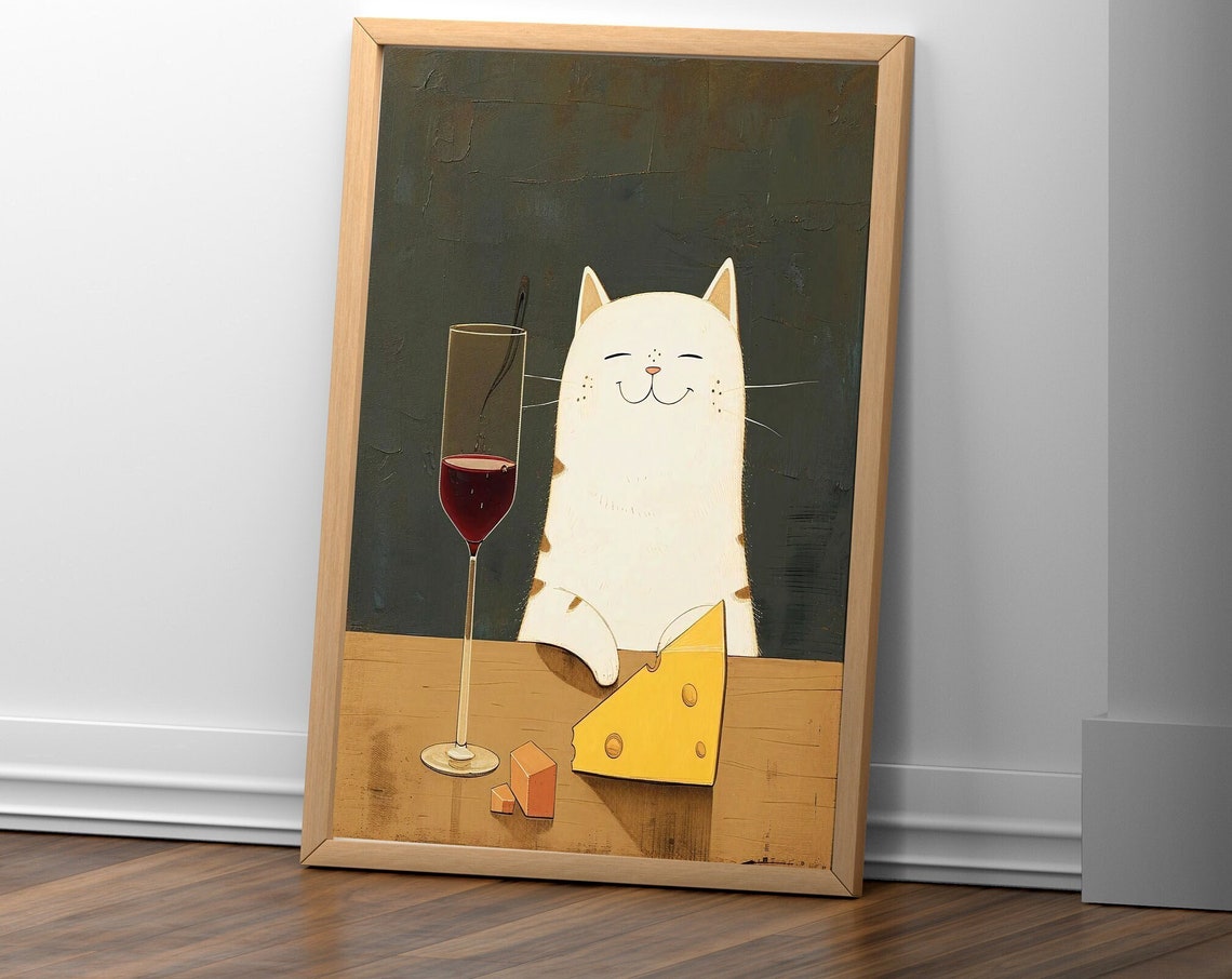 Serene Sips Smiling White Cat With Wine And Cheese Funny Art Print