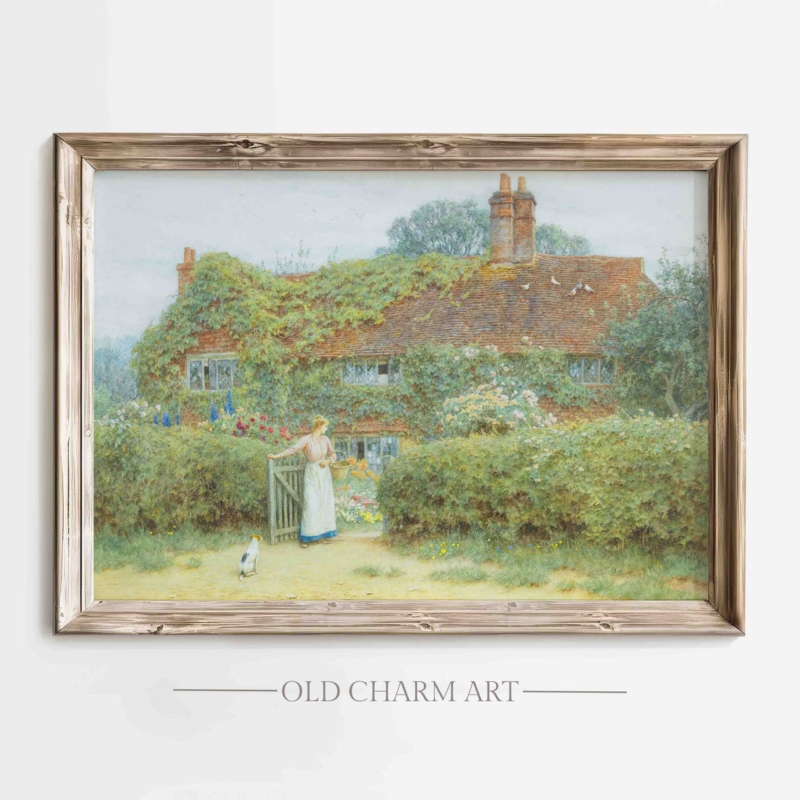 English Thatched Cottage with Ivy and Flower Garden Vintage Art Poster