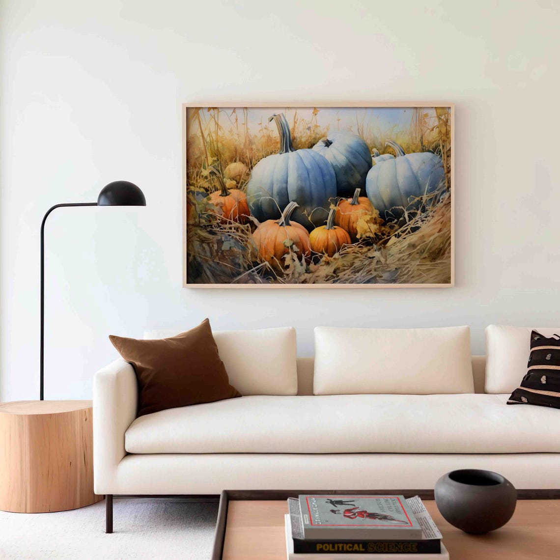 Blue And Orange Pumpkins Nestled In Golden Hay Fall Field Poster - Image 2