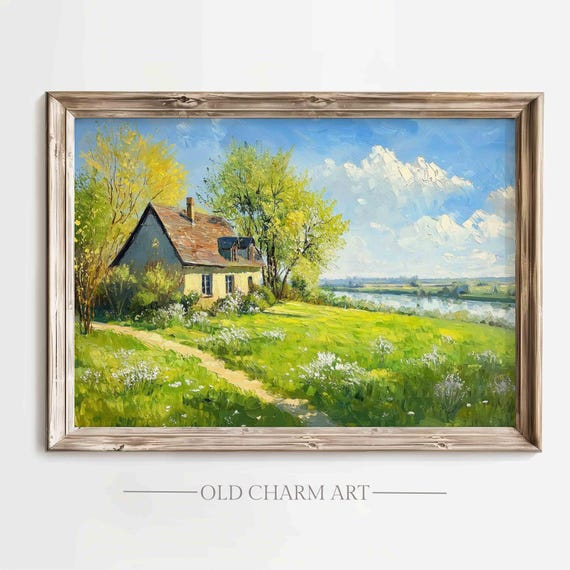 Spring Cottage Art Vintage Country Landscape Oil Painting Farmhouse Wall Decor Art Wa229