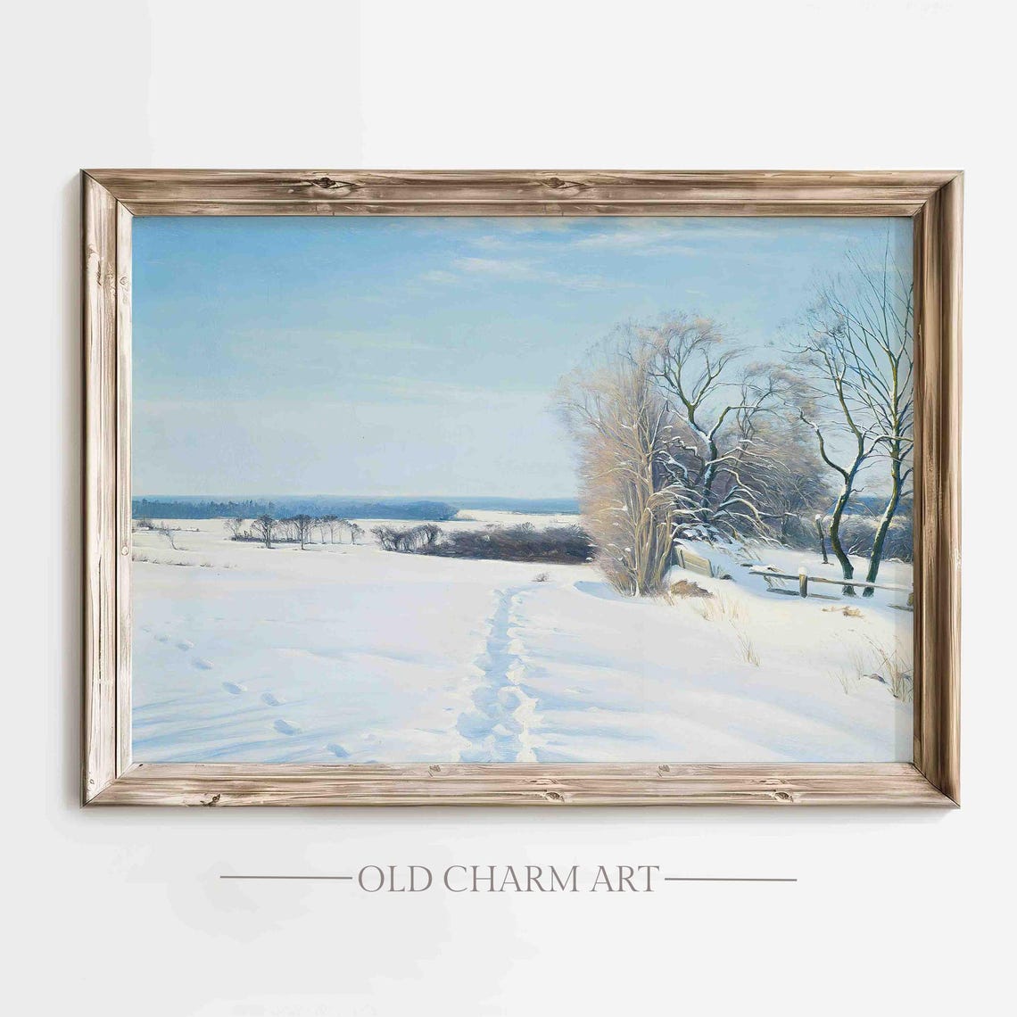 Sunlit Winter Field Snow Footprints Bare Trees Painting Poster