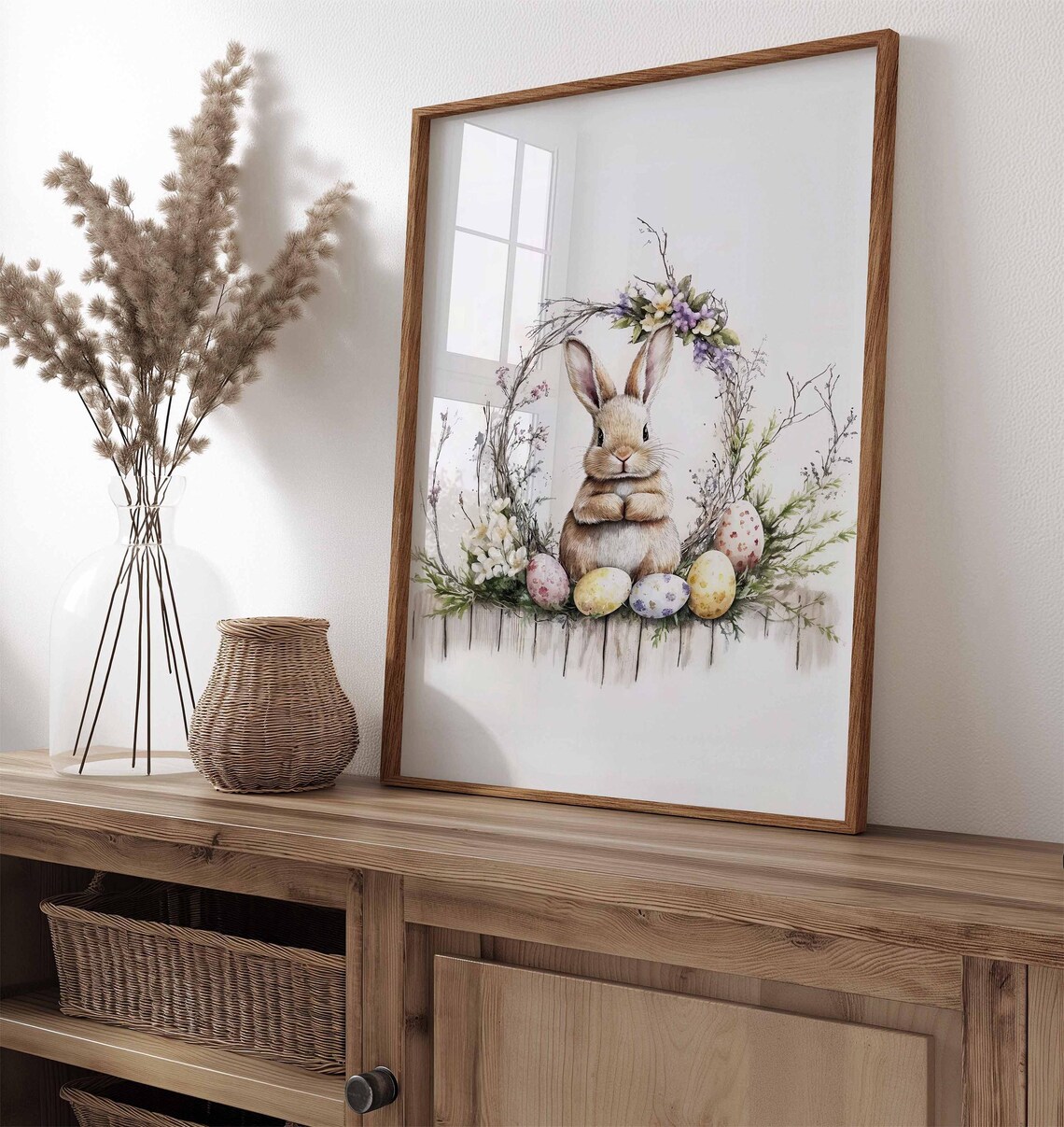 Watercolor Bunny Painted Easter Eggs Floral Wreath Fence Wall Art Poster - Image 4