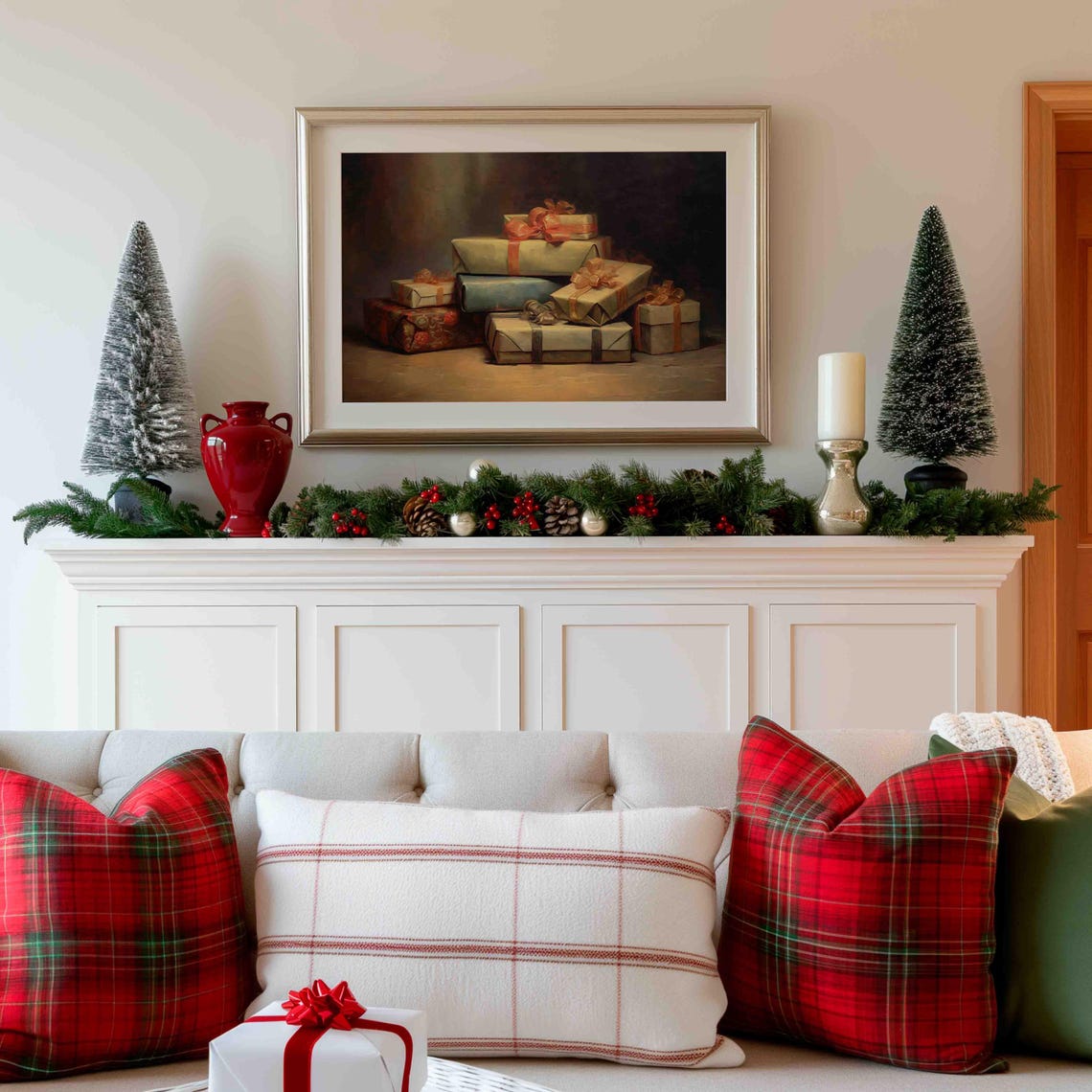 Stack Of Wrapped Christmas Gifts With Ribbons Warm Light Oil Poster - Image 4