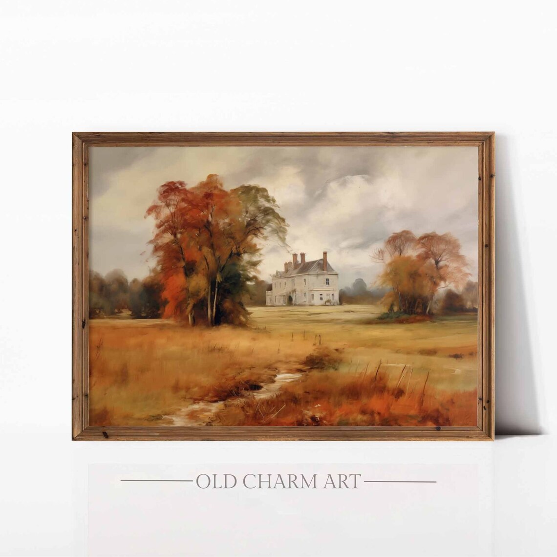English Manor House Among Autumn Trees Golden Field Vintage Poster
