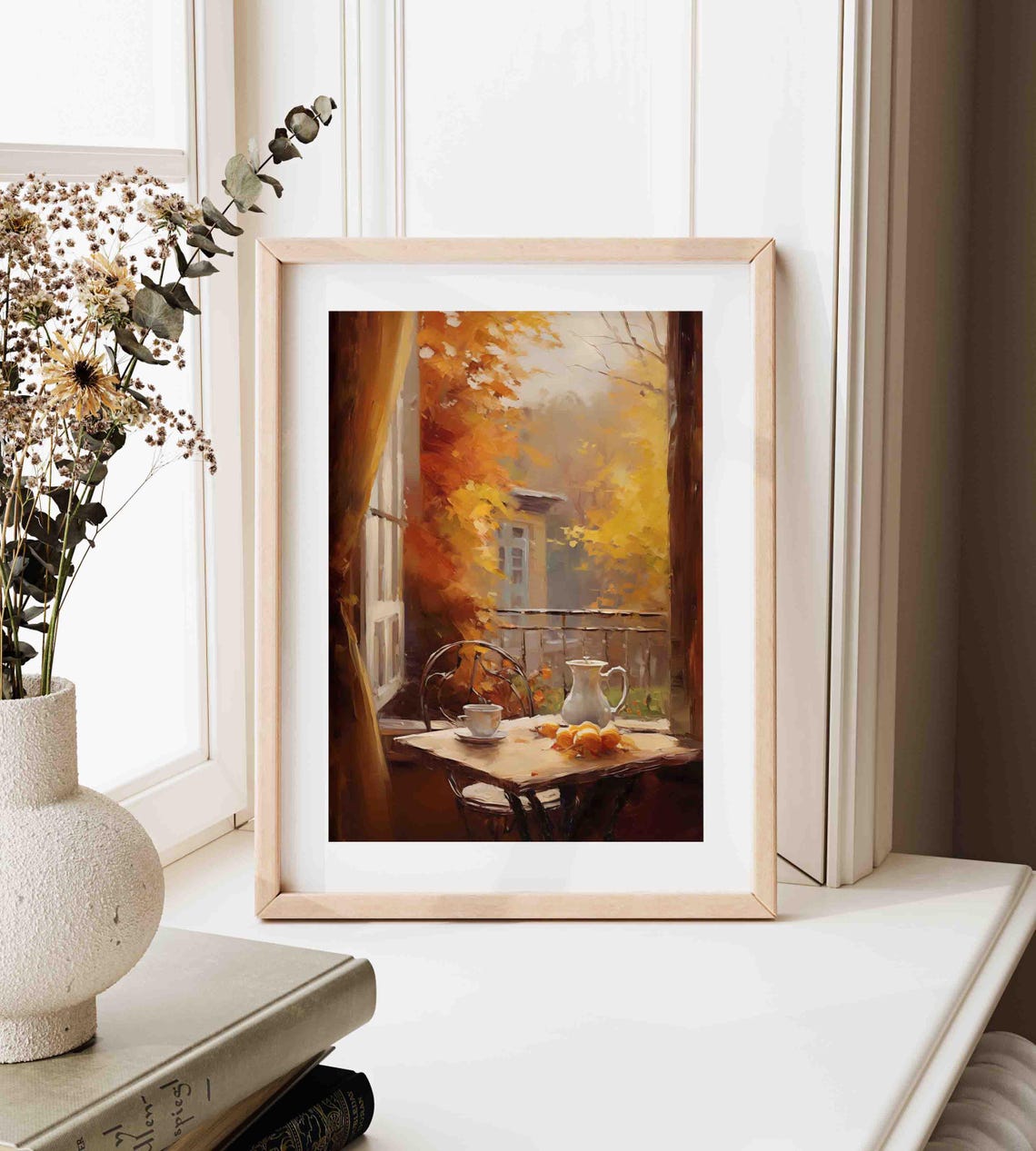 Cozy Autumn Balcony Coffee Table Orange Trees Painting Poster - Image 4