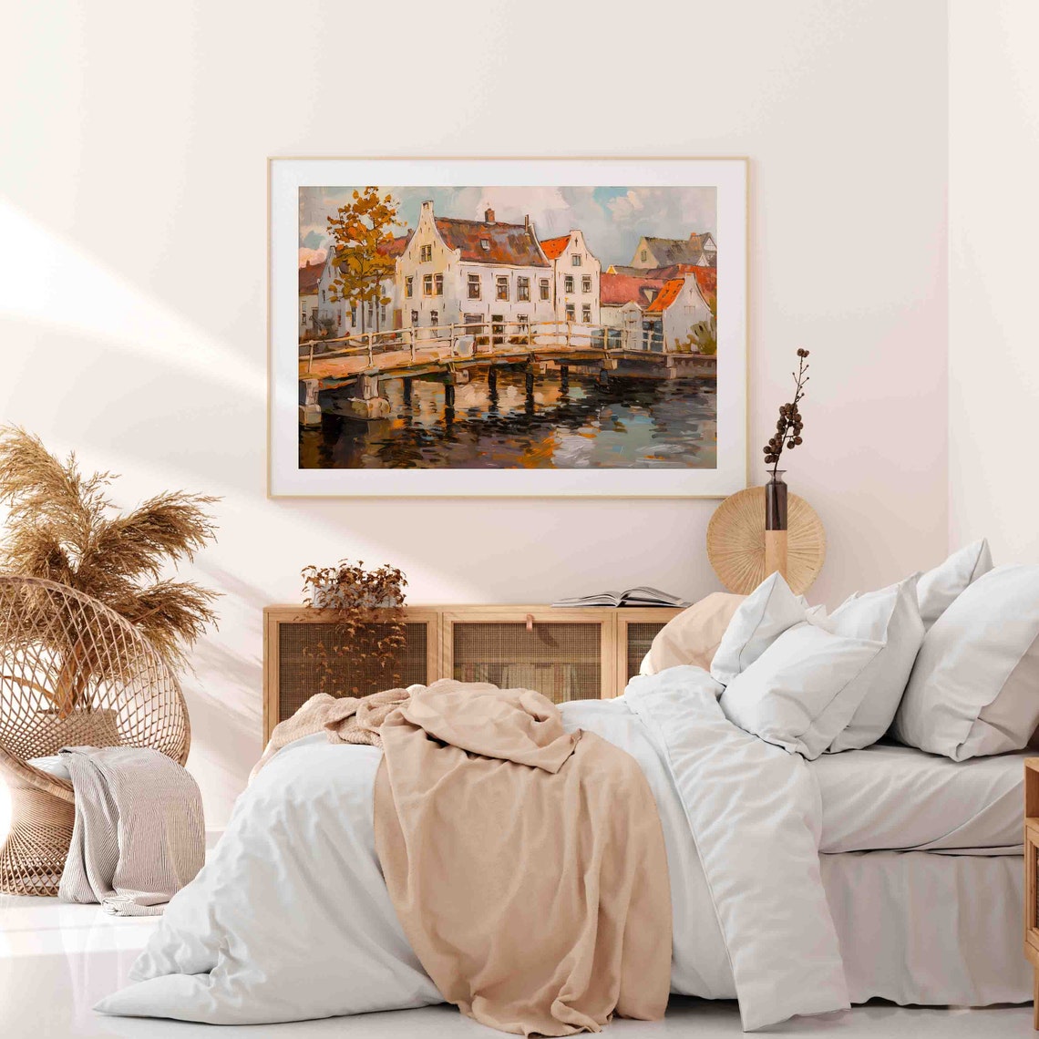 Old Dutch Canal Town with Wooden Bridge and Gabled Houses Art Poster - Image 4
