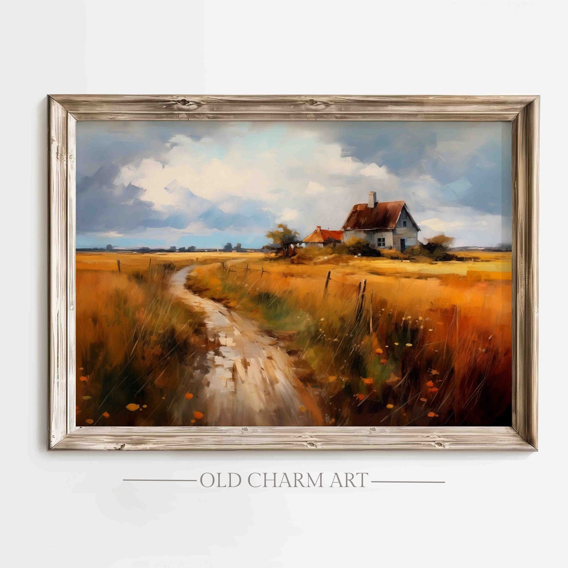 Autumn Dirt Road Through Golden Fields To A Country Farmhouse Poster