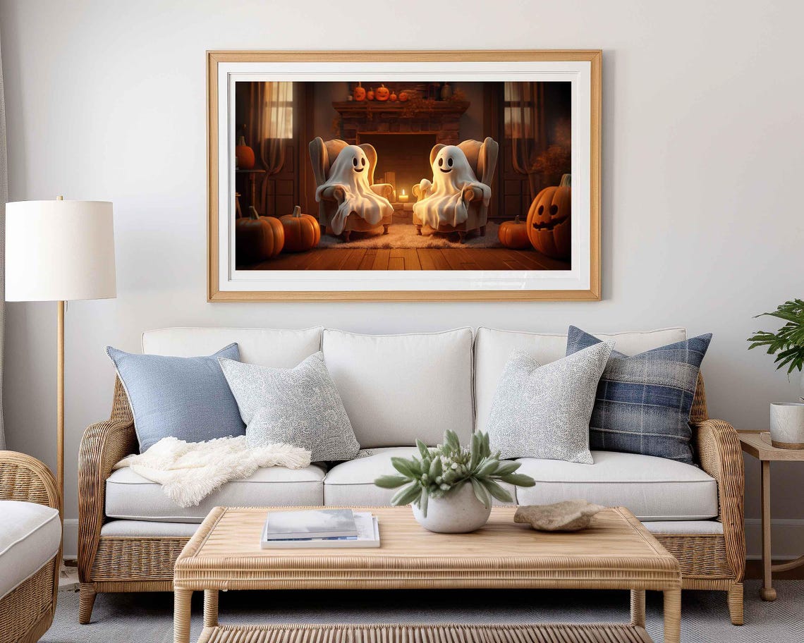 Cute Ghosts Relaxing In Armchairs By A Fireplace With Pumpkins Poster - Image 4