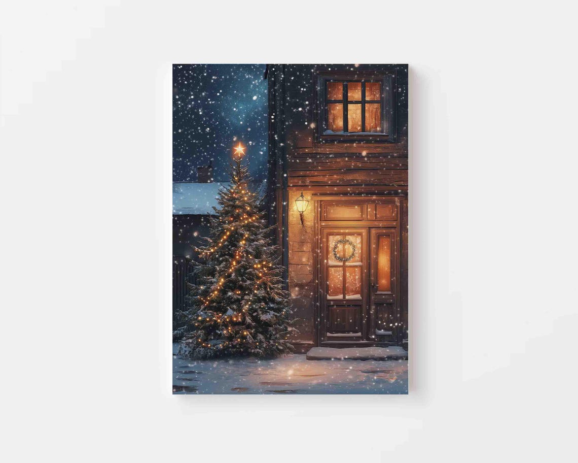 Lit Christmas Tree Outside Cozy Cabin Door Snowy Night Holiday Poster - Image 2