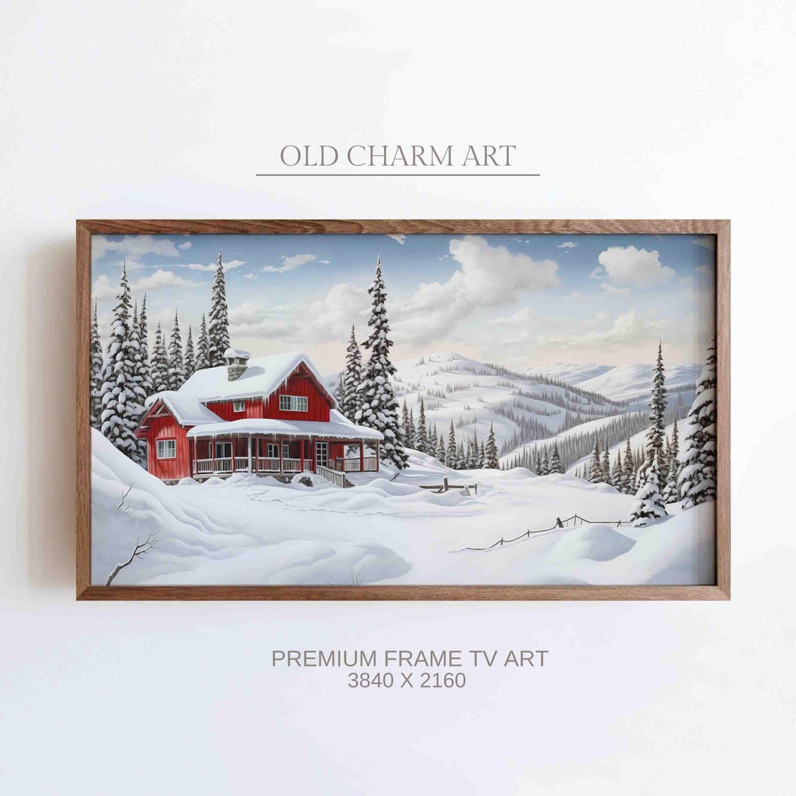 Cozy Red Mountain Cabin Snowy Pines Valley Frame TV Art Poster