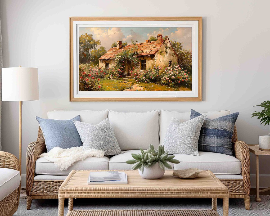 Rose Cottage Garden Vintage Oil Painting Country Home Poster