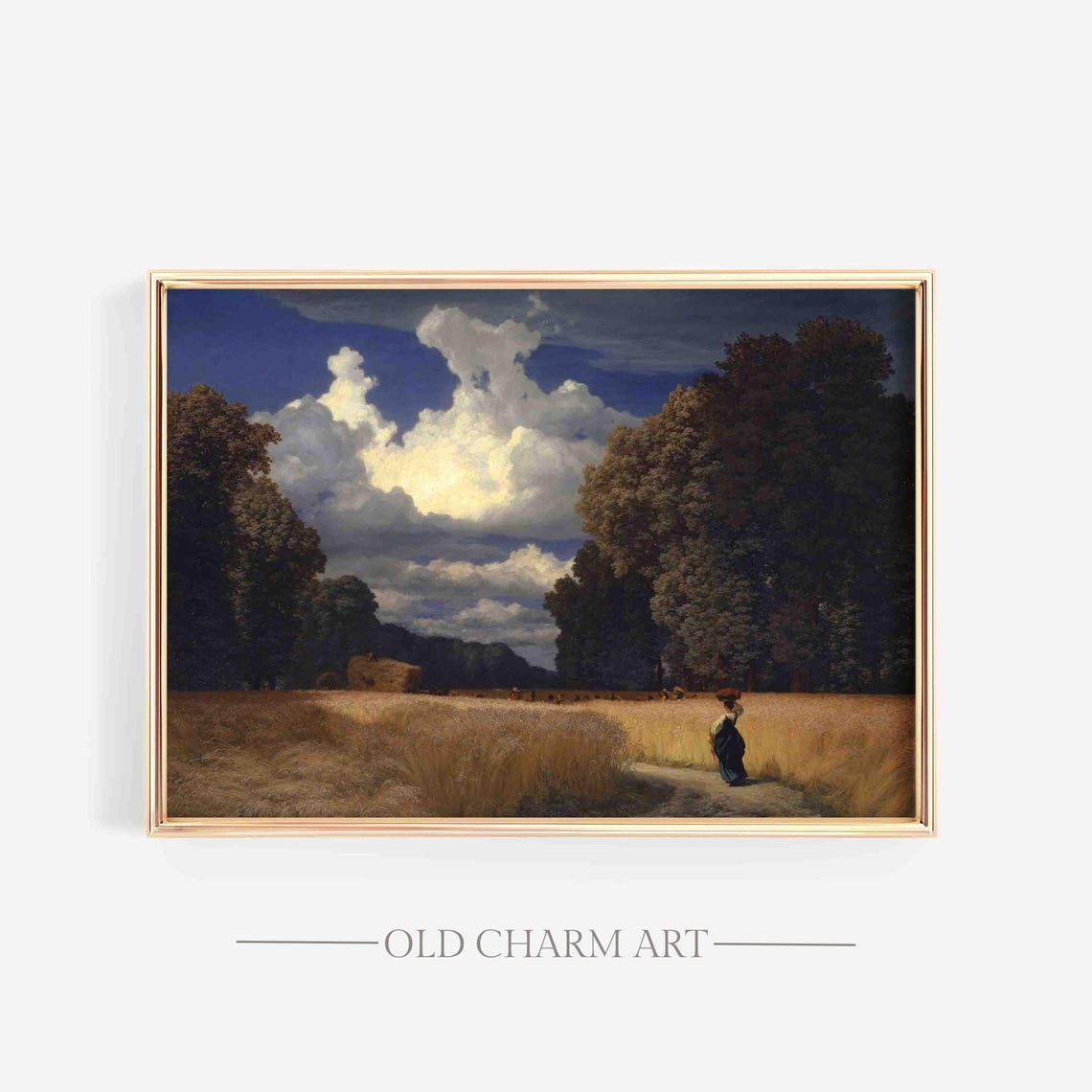 Wheat Harvest Field With Woman Walking Path Dramatic Clouds Poster
