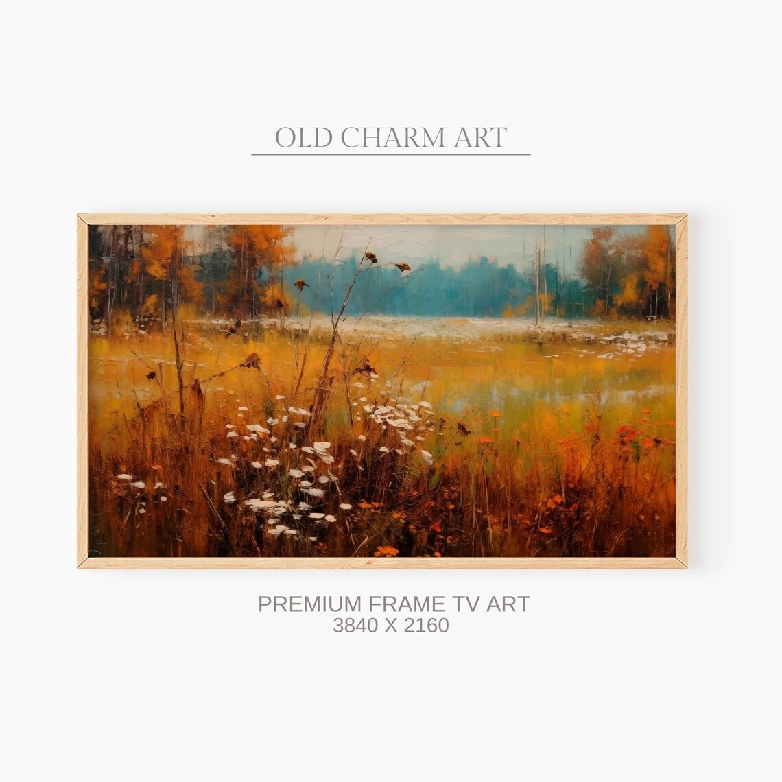 Golden Autumn Field With Wildflowers And Misty Blue Treeline Poster