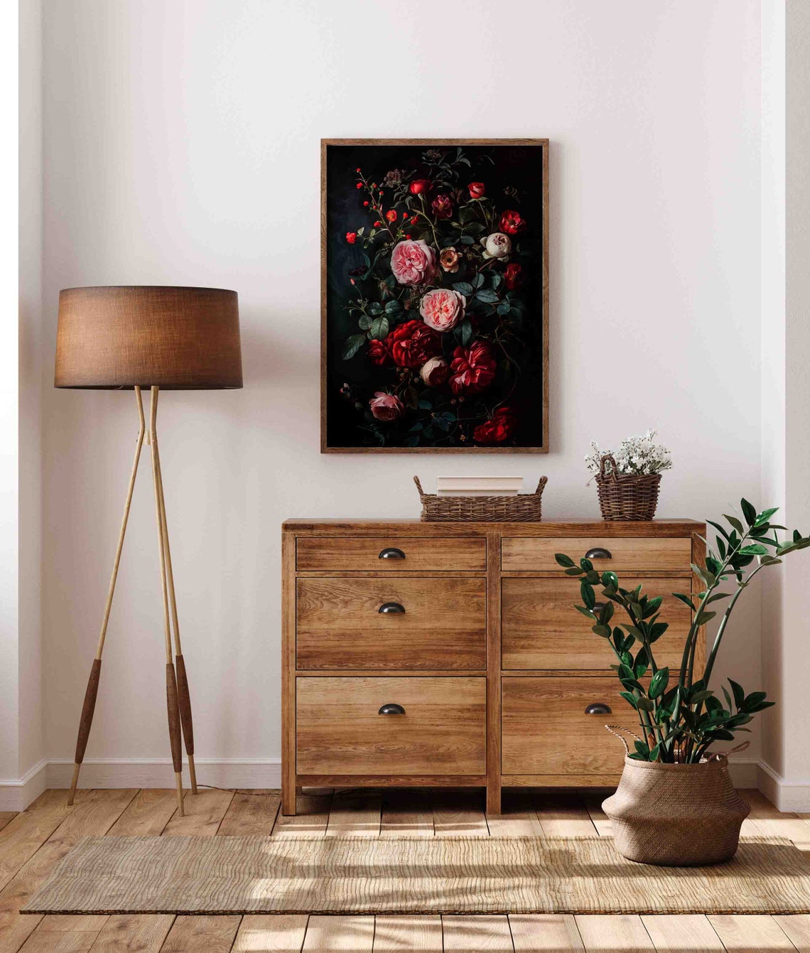Dark Academia Red And Pink Roses On Black Moody Floral Oil Poster - Image 3