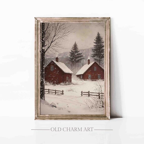 Winter Cottage Print Christmas Wall Art Moody Winter Painting Winter Landscape Art Christmas Poster Wa198