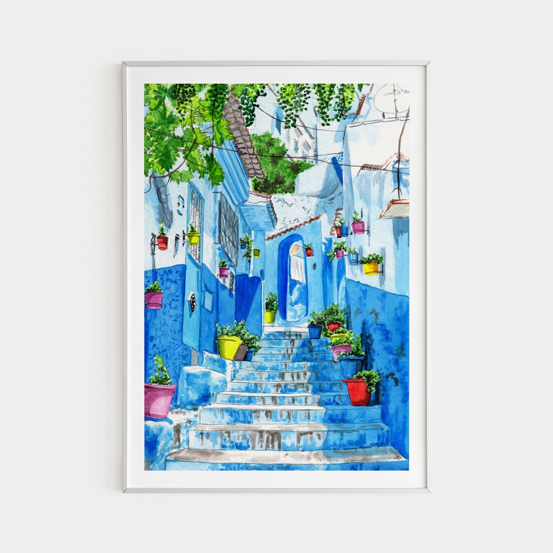 Chefchaouen Watercolor Travel Poster, Morocco Blue City