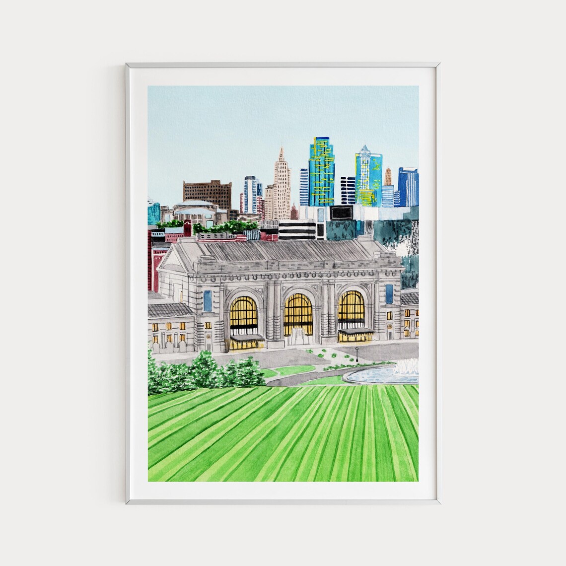 Kansas City Watercolor Travel Poster, Missouri Cityscape