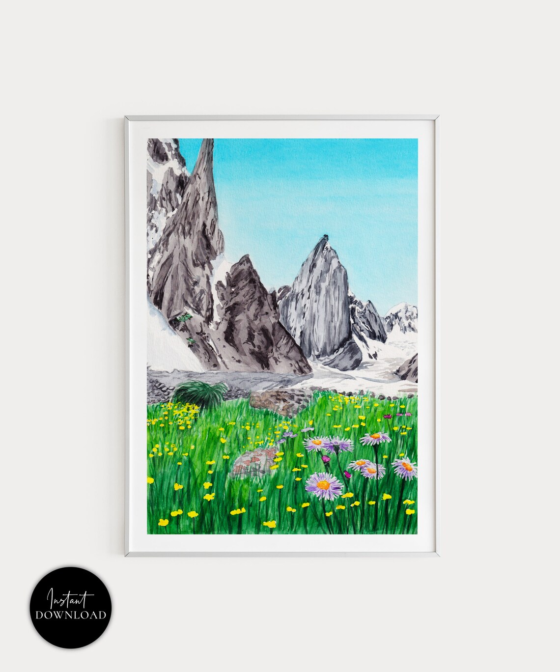 Karakoram Pakistan Snow Peaks Wildflower Meadow Watercolor Poster