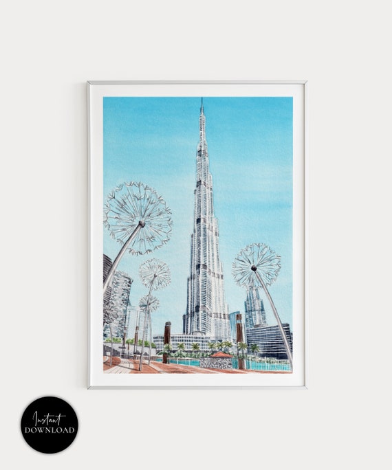 Burj Khalifa Dubai Watercolor Travel Poster