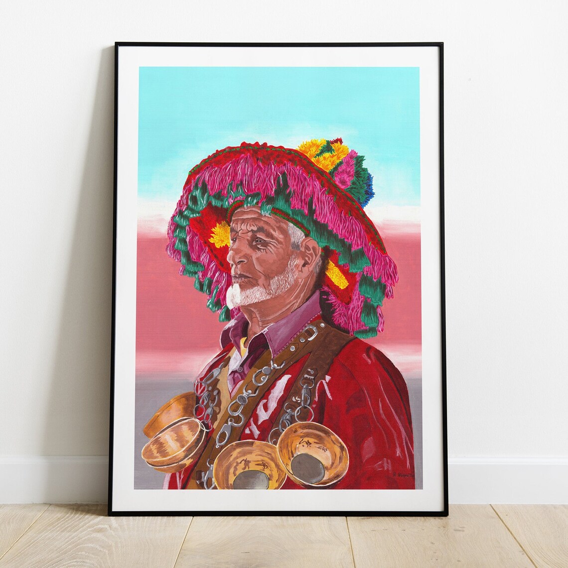 Moroccan Waterman Portrait Colorful Tassel Hat Brass Cups Art Poster - Image 2