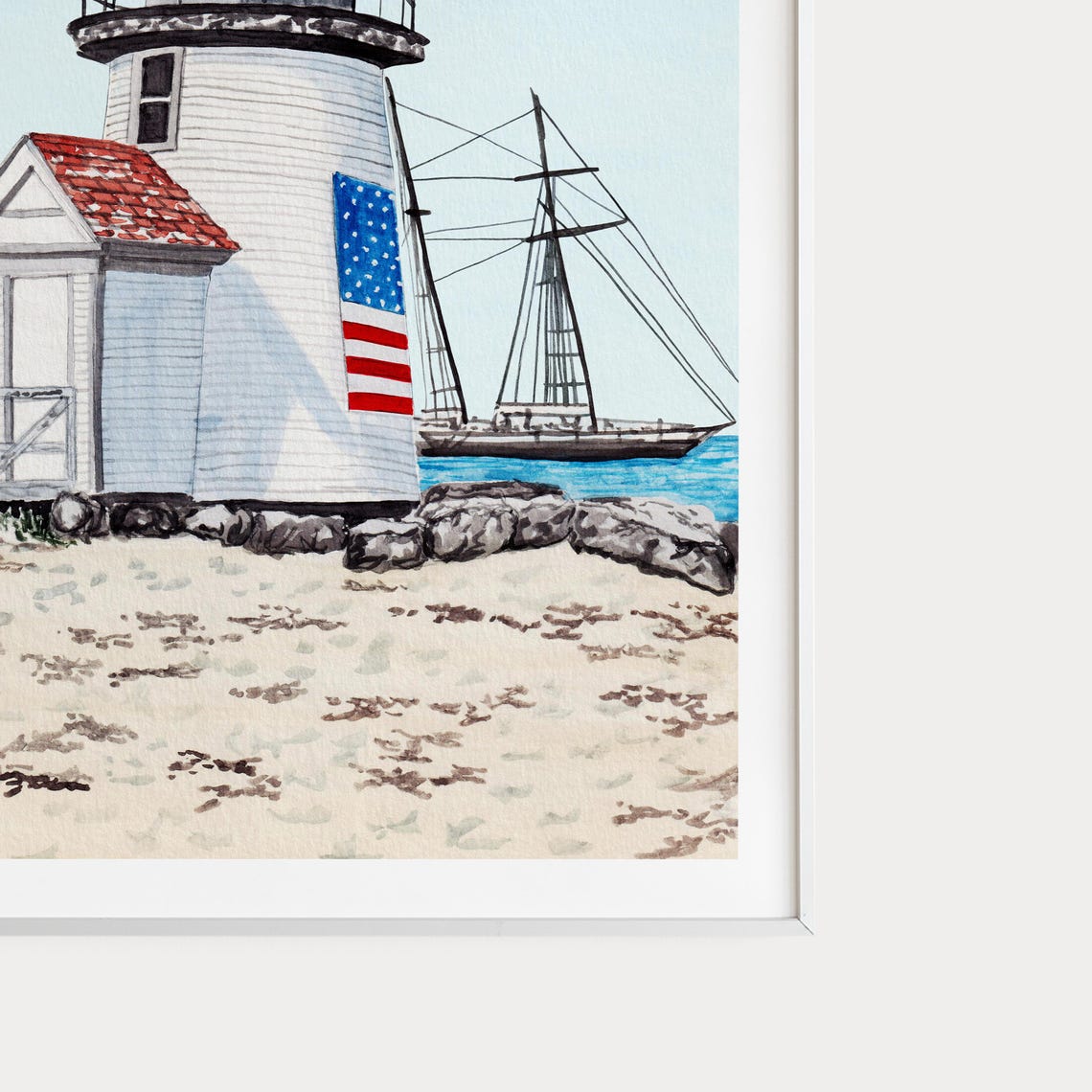 Brant Point Lighthouse Nantucket Tall Ship Watercolor Poster - Image 2