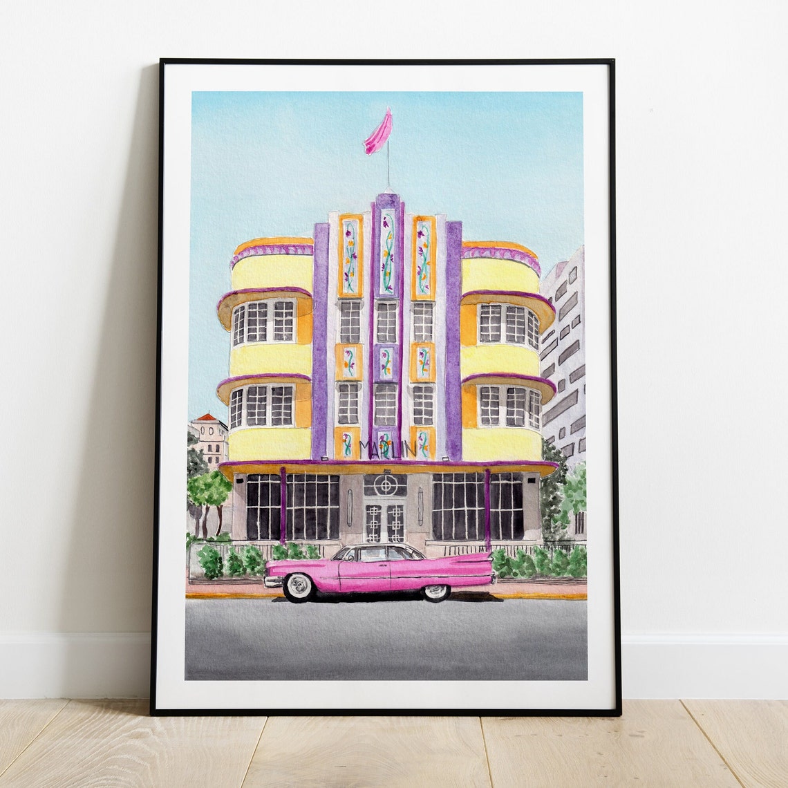 Iconic Miami Beach Art Deco Marlin Hotel Pink Vintage Car Poster - Image 2