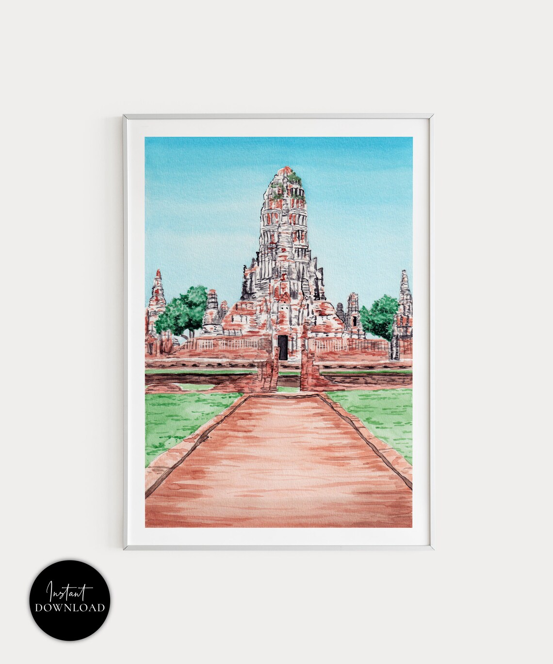 Ayutthaya Thailand Ancient Brick Temple Ruins Watercolor Poster