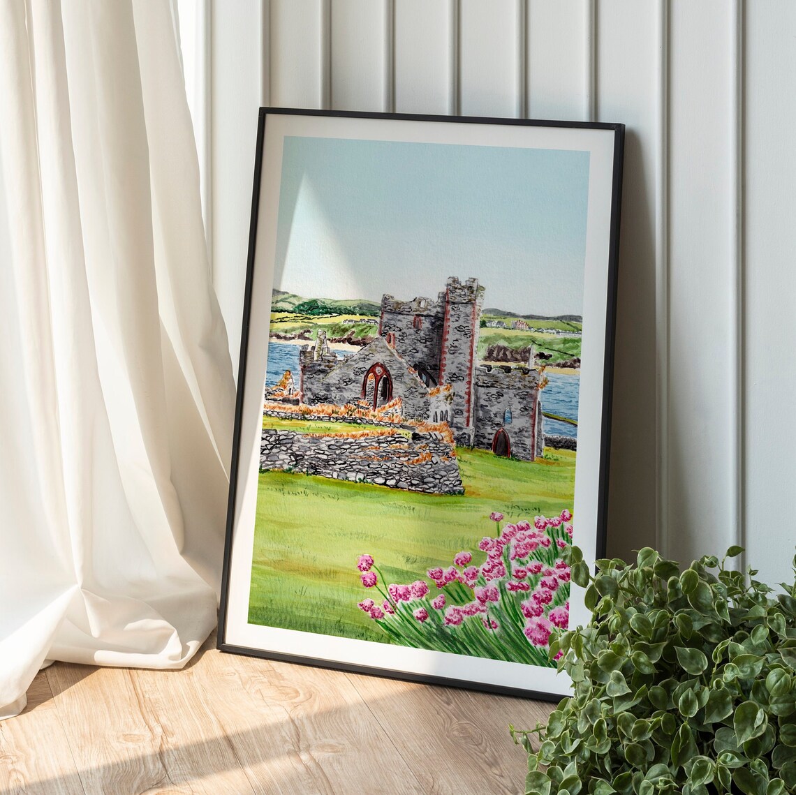 Peel Castle Isle Of Man Watercolor With Sea Thrift Flowers Poster - Image 3