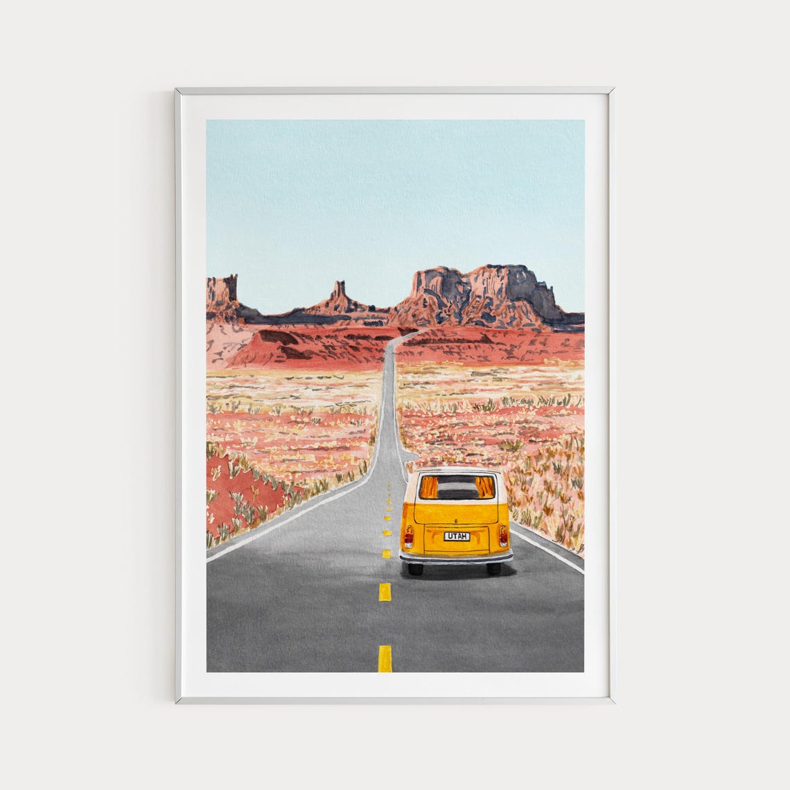 Monument Valley Utah Road Trip Yellow Vintage Van Desert Buttes Poster