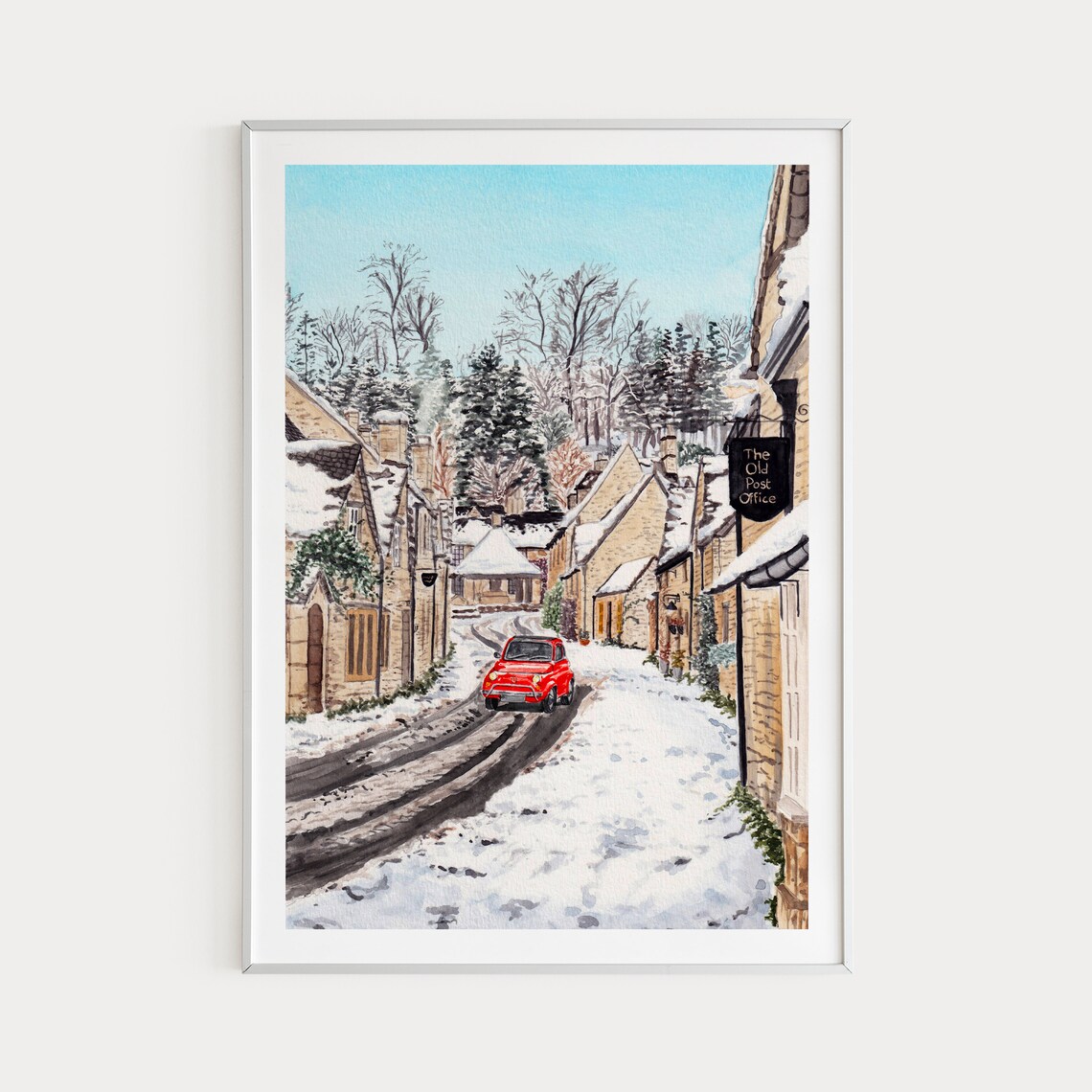 The Cotswolds Watercolor Art Print, Castle Combe Winter