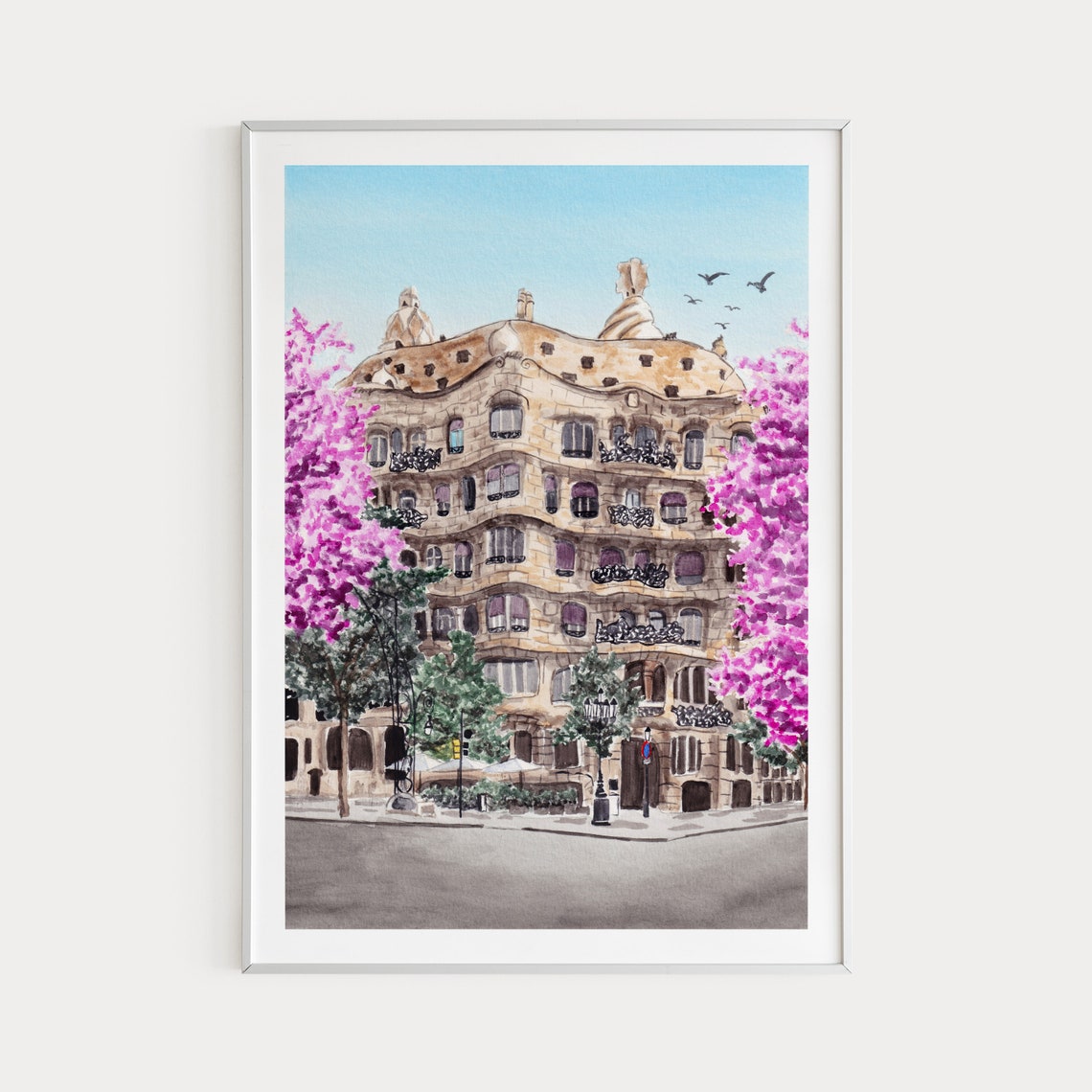 Barcelona Casa Mila La Pedrera Pink Blossom Trees Gaudi Poster
