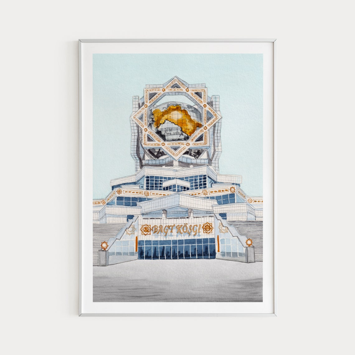 Ashgabat Turkmenistan Watercolor Bagt Kosgi Wedding Palace Poster