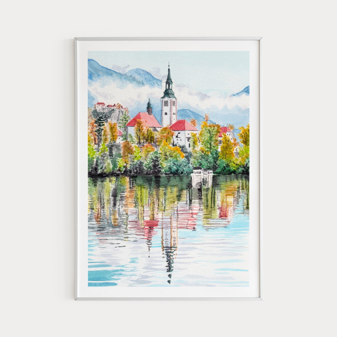 Lake Bled Watercolor Art Print, Slovenia Landscape