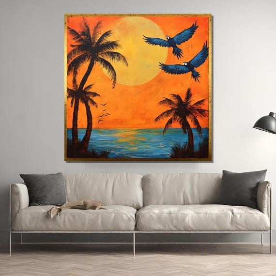 Tropical Sunset Palm Trees and Flying Macaws Art Print