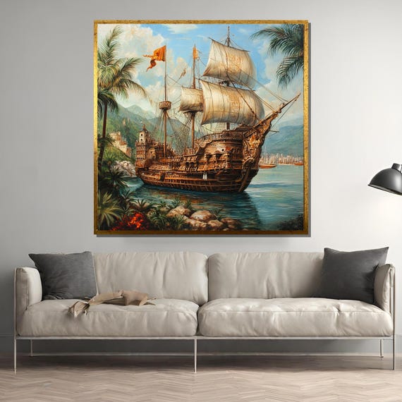 Ornate Medieval Carrack, Tropical Port Sailing Art Print