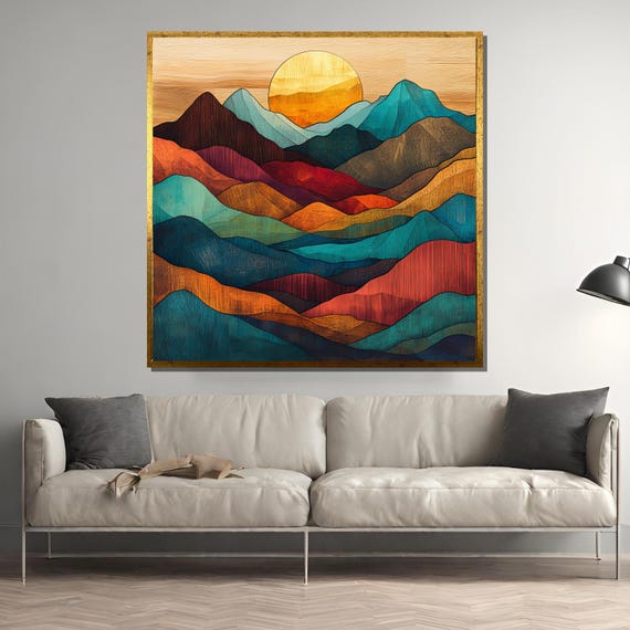Geometric Abstract Mountain, Sunset Landscape