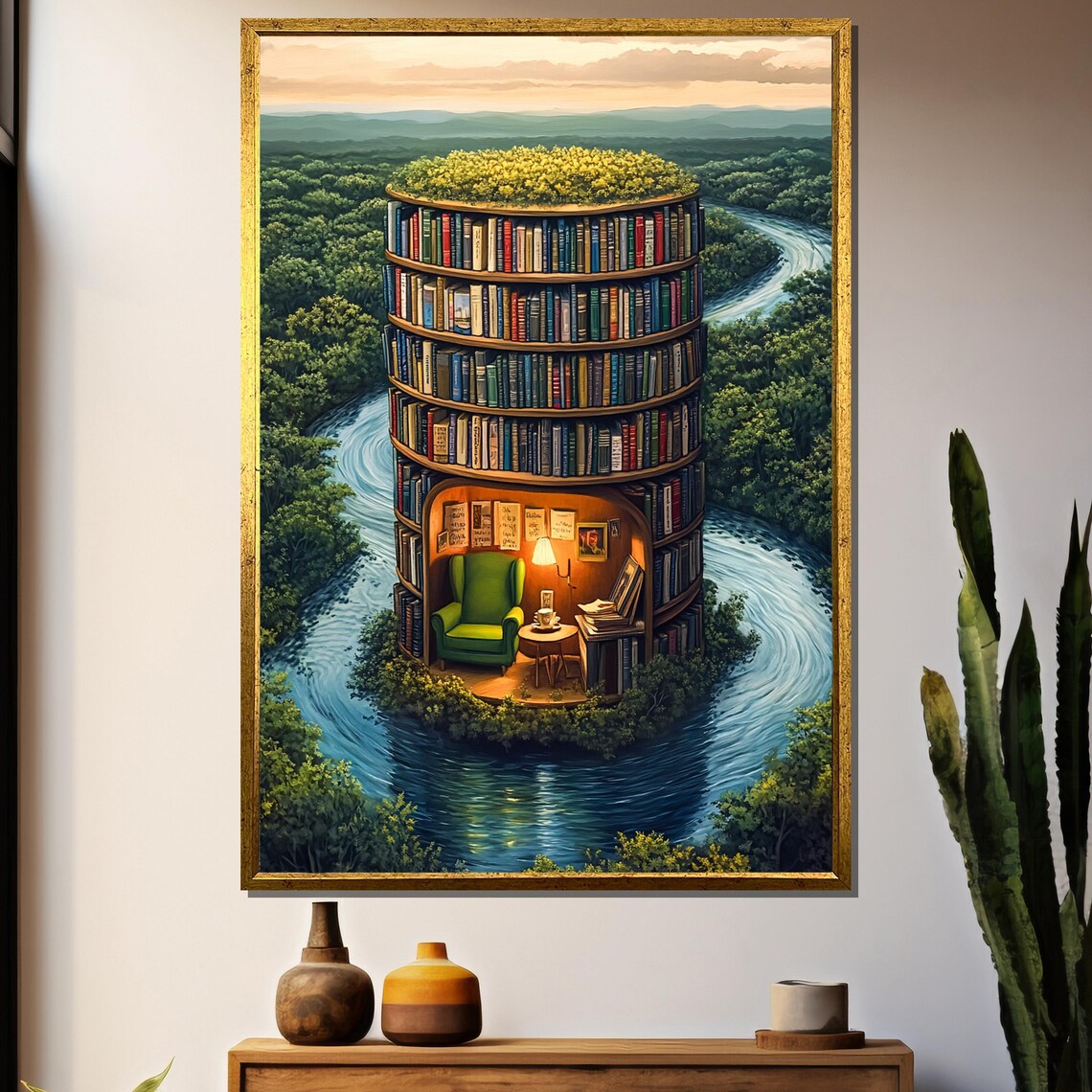Surreal Book Tower In The Forest, Cozy Reading Nook