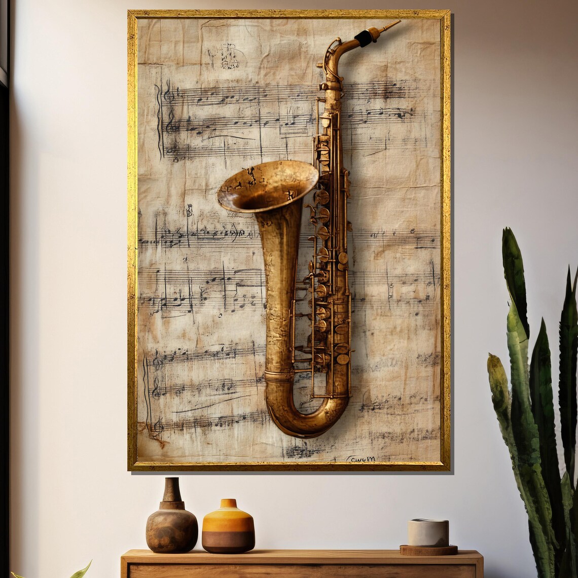 Vintage Saxophone Art Print, Rustic Jazz Decor