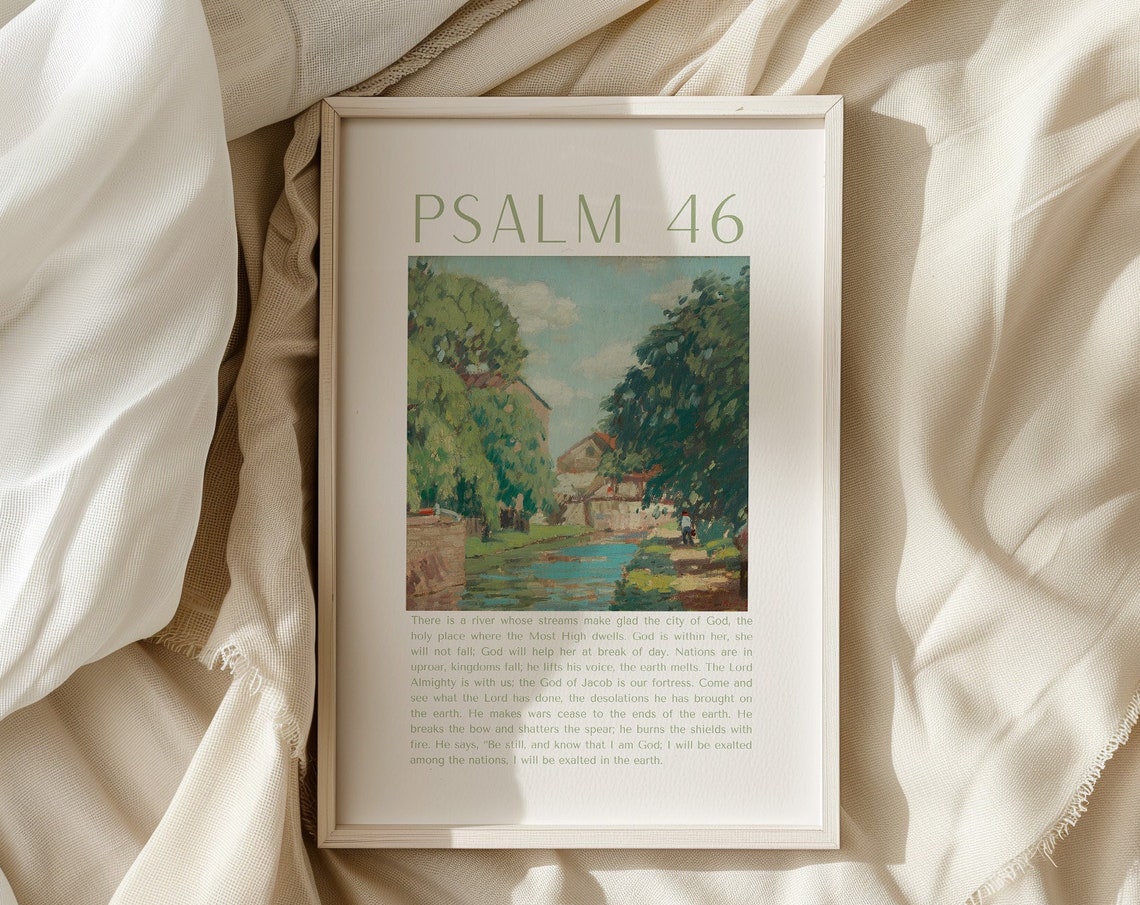 Psalm 46 Vintage River Town Painting Be Still Scripture Poster